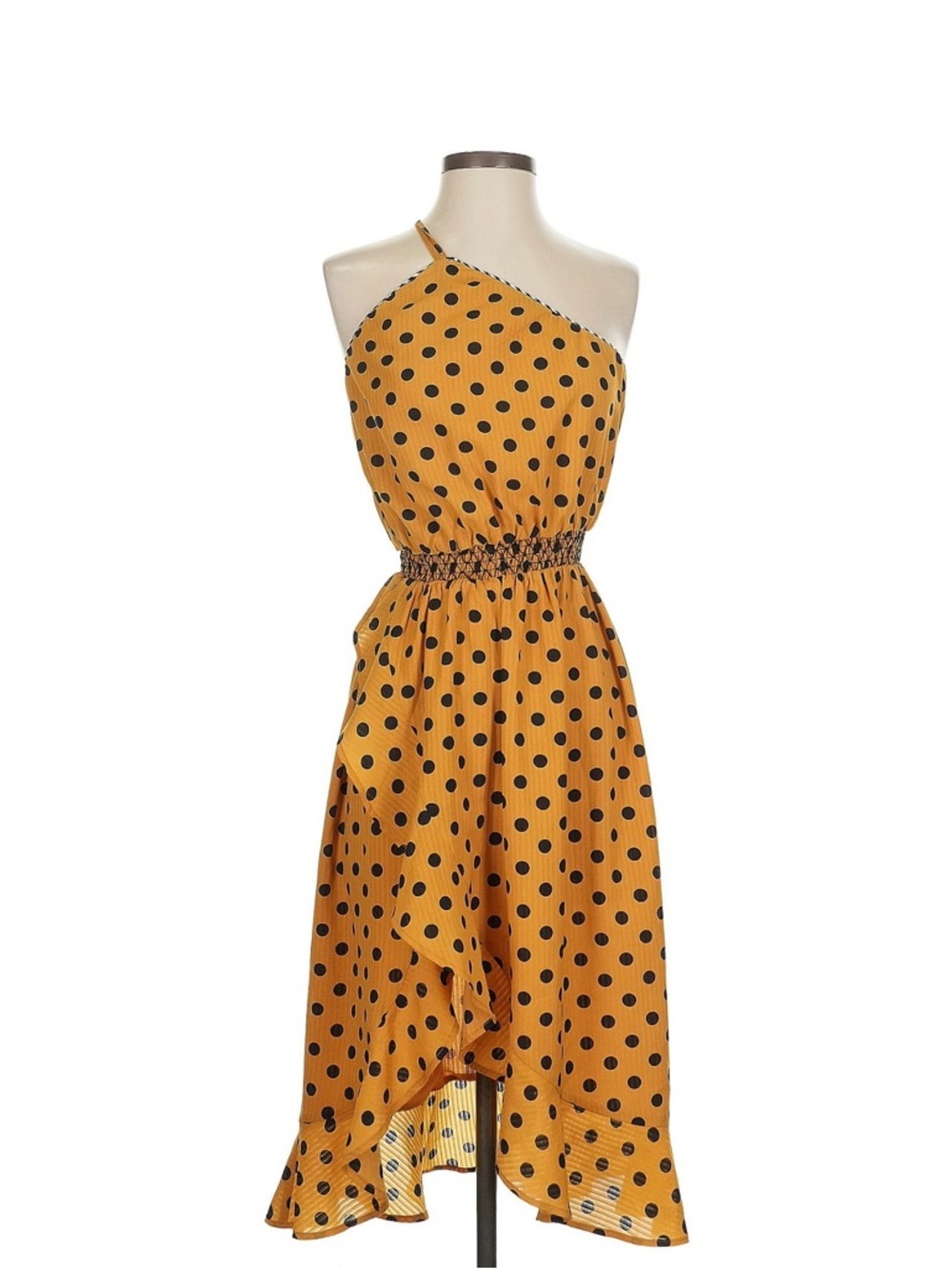 House of Harlow x revolve 1960 Mustard and Black Polka Dot One-Shoulder Dress